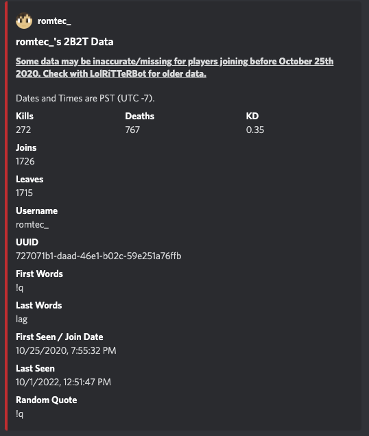 2B2Bot Player Stats