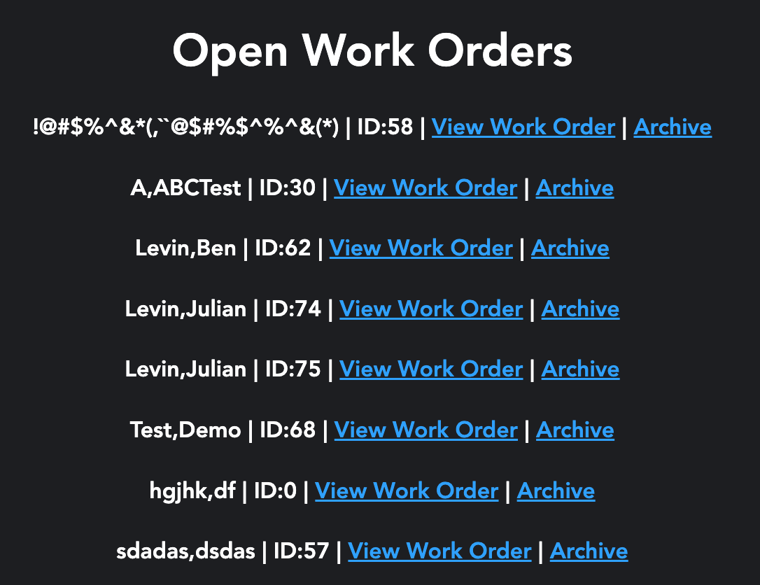 Open work orders list